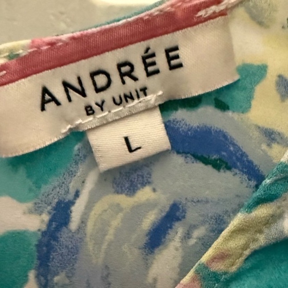 Andree‎ by Unit Floral Puff Sleeve Blouse Pink Teal Blue Watercolor Rose Top L - Picture 5 of 5